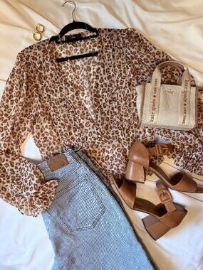 Lulus Leopard Print Blouse XL | Sheer Ruffle Peplum Top | Boho Neutral Long Slee